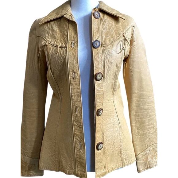 Vtg Santa Fe Leather floral embossed Shirt jacket womens S tan western boho USA - Picture 1 of 16